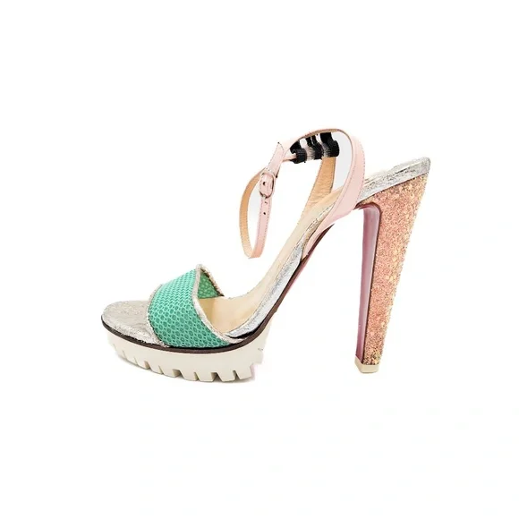 Christian Louboutin Discoport Pastel Ankle Strap Lug Block Glitter Heels EU 37 - Picture 3 of 8